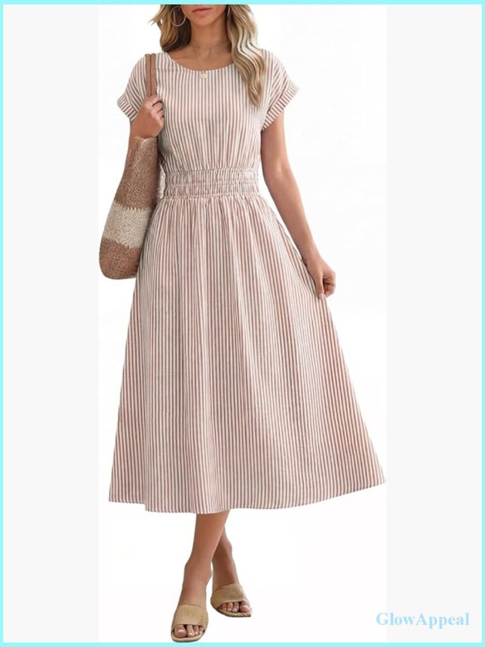 Striped Midi Dress with Pockets, Flowy Beach Dress, Short Sleeve Crewneck
